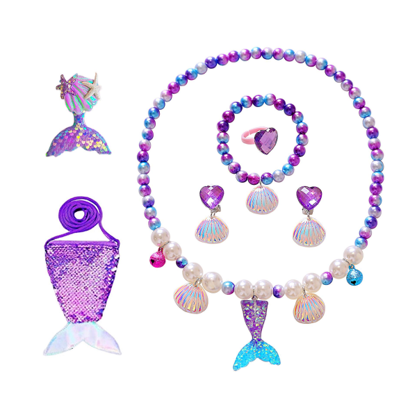 Barn set, barnsmycken sjöjungfrusmycken för flickor, pärlhalsband Armbandssats Flerfärgad valfri（lila）