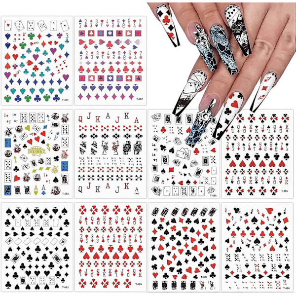 10 Ark Poker Nagelkonst Dekaler Klistermärken, Spelkortstil Nagelsticker Siffror Bokstäver Grafik Nageltillbehör för Kvinnor Flickor Nagelkonst DIY Design