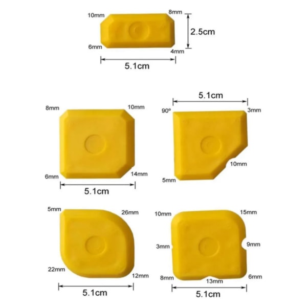 Set med 5 fogglättare - professionell fogspatel för silikon, silikonfogar och akrylfogar, skrapa för perfekta fogar (gul)