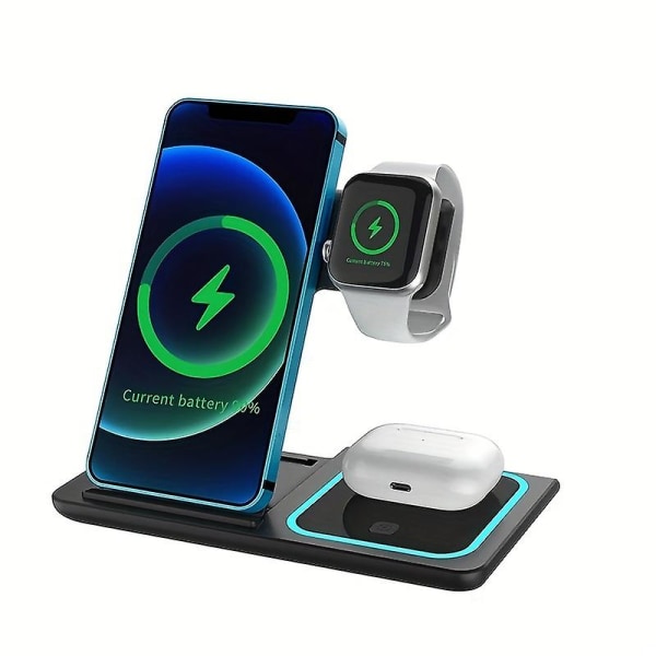 Folding Threeinone Wireless Charging Watch Opbevaring Folding Night Light Trådløs opladning（sort）