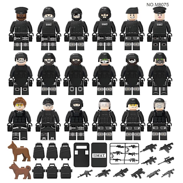 Militär Svart Swat Minifigur Barn Montering Byggsten Dock Leksak Små Partikel Tillbehör Delar Sköld（M8075）