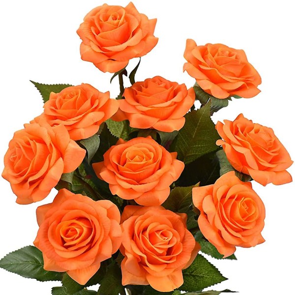 Real Touch Brända Orange Rosor Konstgjorda Blomma 10 Stjälkar Siden Rosor 'färska Som