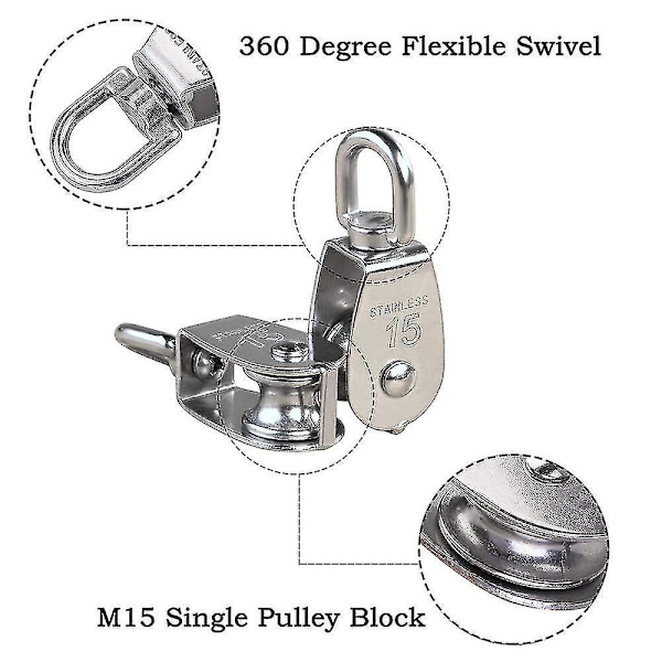 M15 304 ruostumaton teräs yksi rulla, 15mm yksi rulla lohko rulla, nosturi kääntyvä koukku sileä vaijeri kaapeli kuormitus 77lbs/35kg (6 kpl)