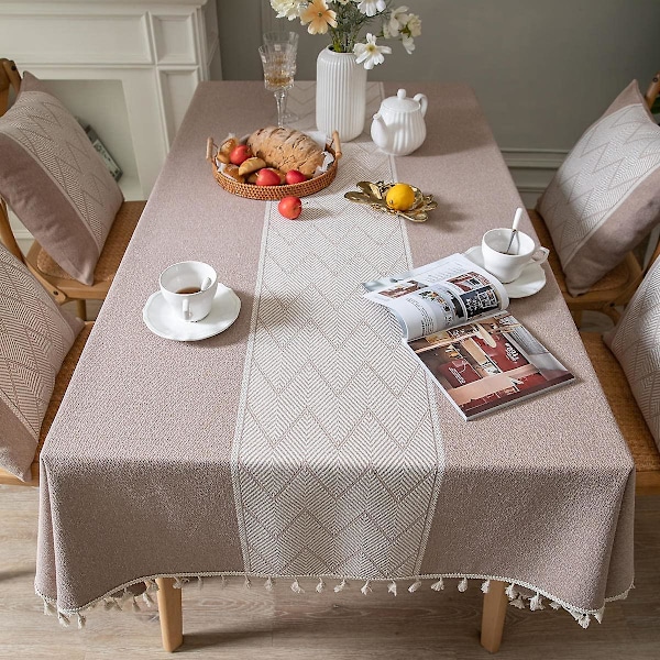 Rektangulära Fyrkantiga Bordsdukar Stickad Broderi Texturerad Tofs Bomull Linne Dekorativ Avlång Bordsöverdrag För Kök Matsal Picknick (140x220 cm,