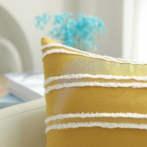 Boho Dekorativa Prydnadskuddar, Neutralrandiga Kuddfodral 50x50 Set om 2, Senapsgula Kuddfodral i Bomullslinne för Soffa Vardagsrum