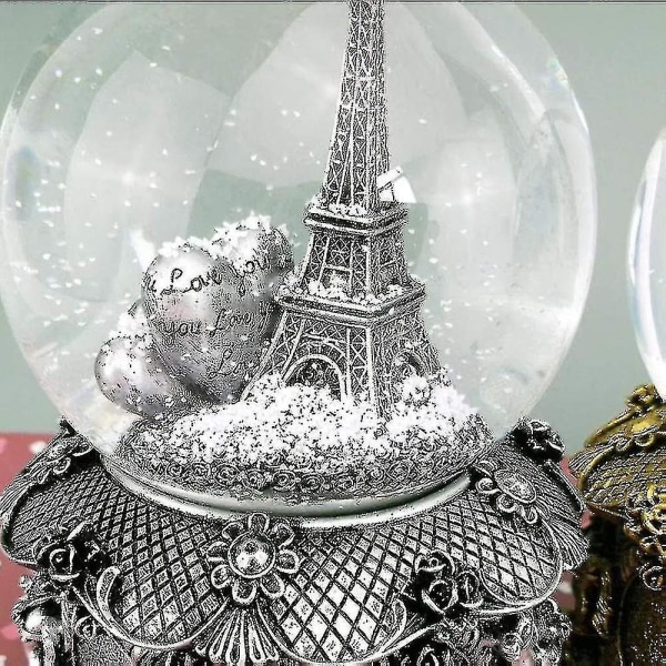 Paris Eiffeltårnet Snow Globe spilledåse med automatisk snefald og farverige lys, 100 mm 6" høj JU