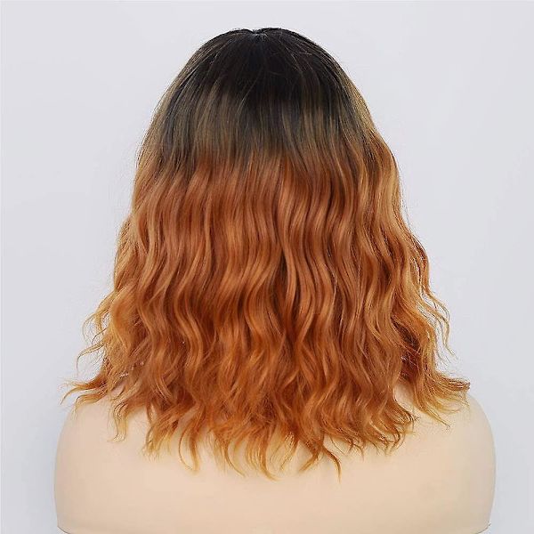 Ombre Orange Syntetisk Kort Bob-Peruk med Lugg Svart till Orange Lockigt Vågig Hårperuk för Kvinnor Syntetisk Värmebeständig Bob-Peruk