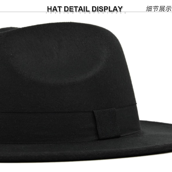 Ny ullhatt Jazzhatt Retro Svart Ull Jazzhatt Flat Brim Stor Bremskjermhatt