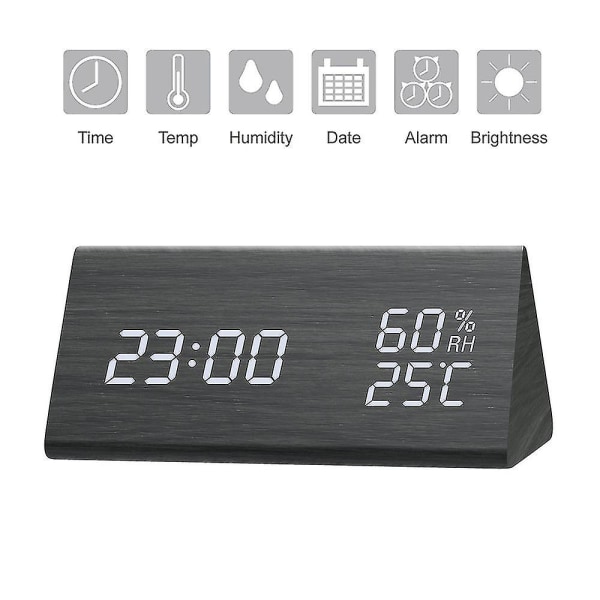 Digitaalinen herätyskello, säädettävä kirkkaus ääniohjauspöytä puinen herätyskello, suuri näyttöajan lämpötila, ladattava LED-akku digitaalinen Clo