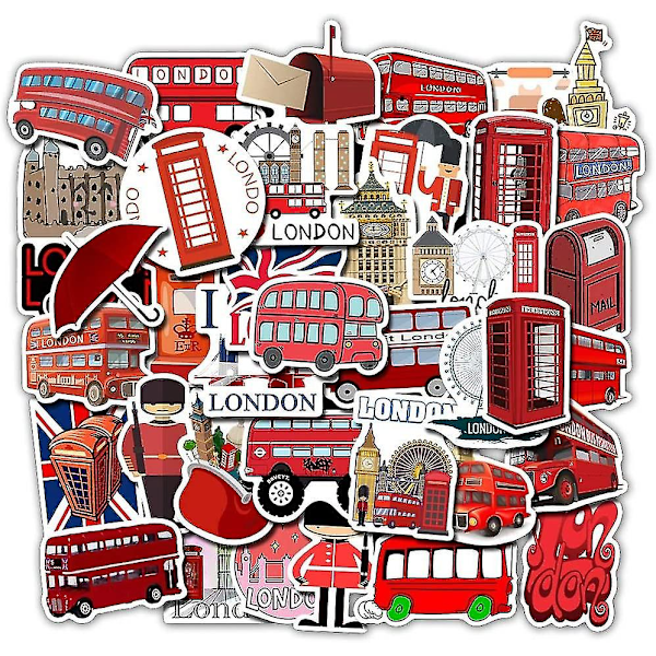 50 st London Röda Bussar Klistermärken Laptopklistermärken, motorcykel Cykel Bagage Dekal Graffiti Patches För Barn. (50 st London Röda Bussar Klistermärken)