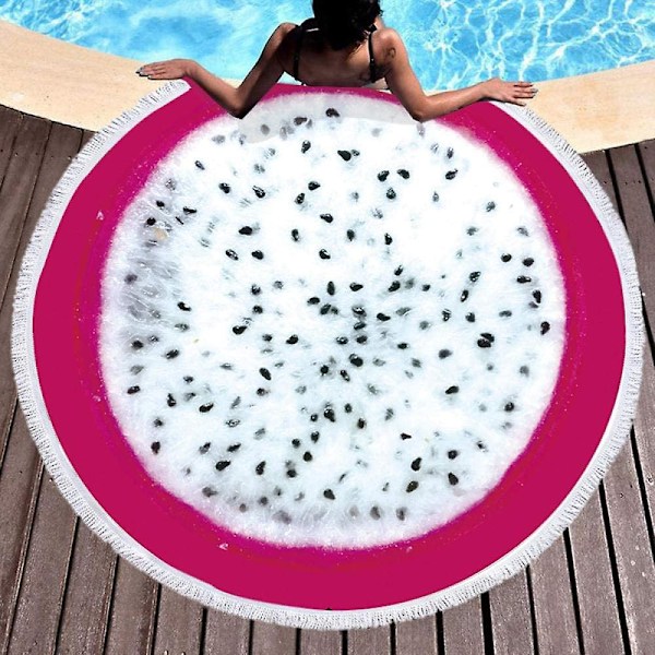 Strandhandduk 150 x 150 cm Tjock Överdimensionerad Rund Strandhandduk, Mikrofibertyg med Bomullsfransar, Tropisk Drakfrukt Tryck Nyhet Tjock Stor Snabbtorkande