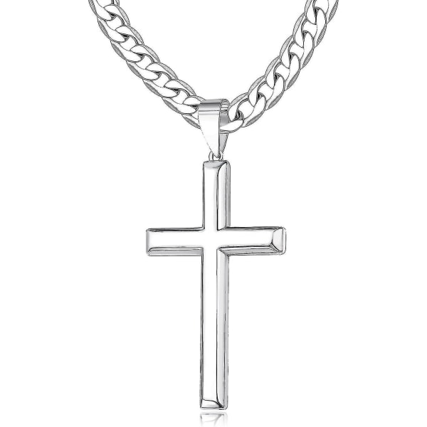 925 Sterling Silver Cross Necklace For Men Women 45mm Stainless Steel Highly Polished Cuban Link Chain 18k White Gold Plated Beveled Edge Crucifix