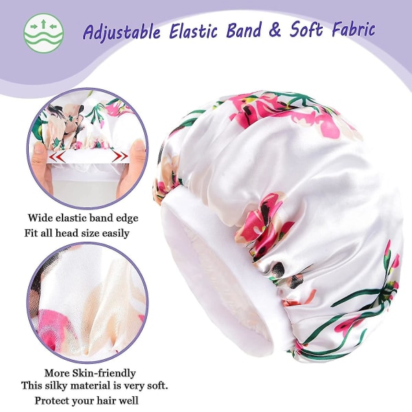 Satin Bonnet Kaksikerroksinen silkkihiushuppari nukkumissatiinihupuihin naisille (valkoinen kukka)