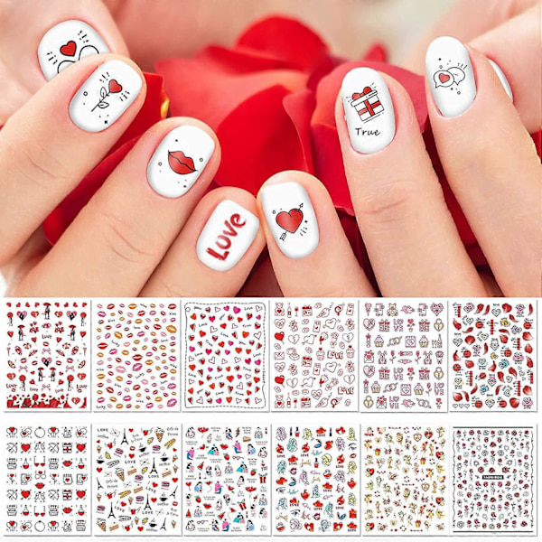 Valentinsdag Nagelklistermärken, 12 Ark Självhäftande Abstrakta Minimalistiska Nagelkonst Dekaler för DIY Nageldekor, Stort Mönsterdesign för GraffitiK