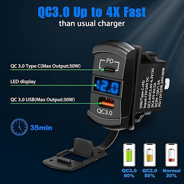 12v Usb-pistorasia, keinukytkin Usb-laturi Usb C -autonlaturi ja nopea 3.0 sovitin Pd-latauspaneeli moottoripyörän Usb-laturi vedenpitävä sininen Led-digitaalinen V