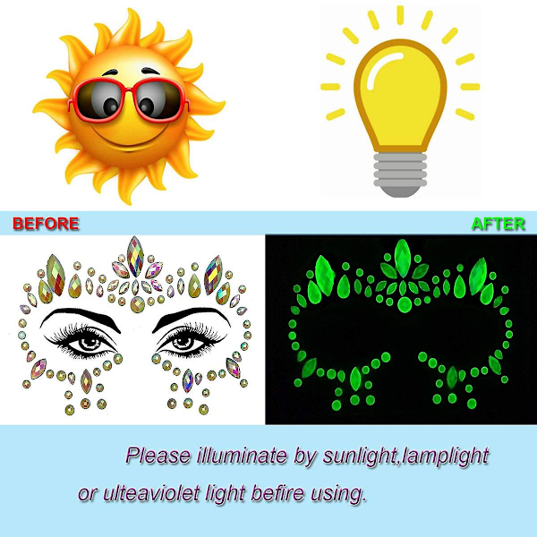 8 set Självlysande Ansiktsstenar Rave Blacklight Kroppsdekaler Självlysande Ansiktsjuveler Fluorescerande Ansiktstatuering Kristaller Strass Dekal Bo