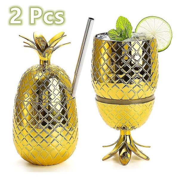 2 stk 500 ml ananas drikke kopper Drikkeglass med strukket strå Vinglass Drikke Cocktail Øl Juice kopper Bar Party Drikkevarer（2 stk - Golden）