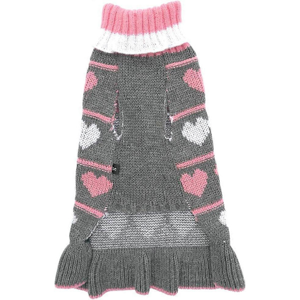 Lång stickad tröja för hundar, halsdukspullover, varm vintervalp, klänning (grått hjärta, medium)
