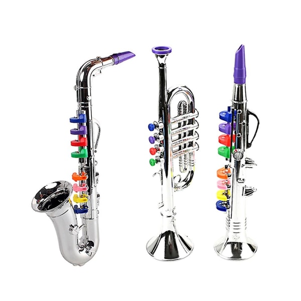 3 stk. Børnemusikinstrumenter Legetøjsklarinet, saxofon Trompet, blæse- og messingmusikinstrumenter Com（Sølv）