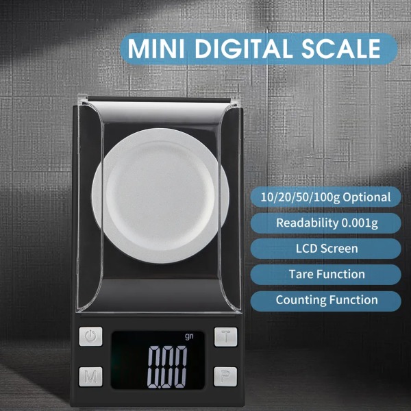 Digital fickvåg 50 g/0,001 g bärbara smycken/pulver/liten örtvåg med 6 enheter/LCD-skärm/tara- och styckeräkningsfunktion
