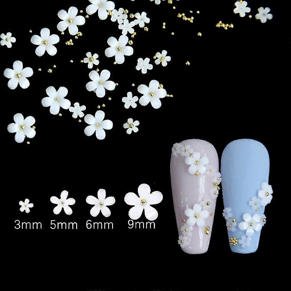 3D Blomster Nagelkonst Charm, 250 st Vit Blommor Nagel Strass Kit 3D Kristall Nagel Pärlor Platt Design Akryl Nagelkonst Dubbar Manikyr Nagel Tillbehör