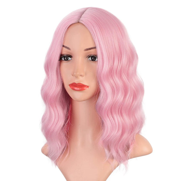 Ljusrosa peruk för kvinnor kort lockig vågig bob peruk 14 tum axellängd mittdel kort rosa peruk värmebeständig syntetisk fest kostym cosplay Wi