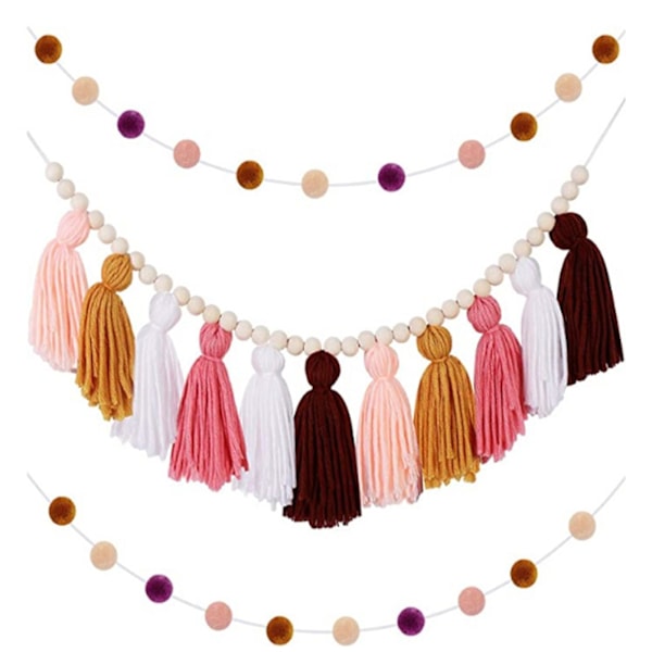 Boho Tassel Girlang Dekoration Bommel Wandbehang Deko Baumwolle Tassel Girlande Mit Holzperlen Und 2 Bunte Bälle Girlanden Für Schulklasse Geburtstagsgeschenk