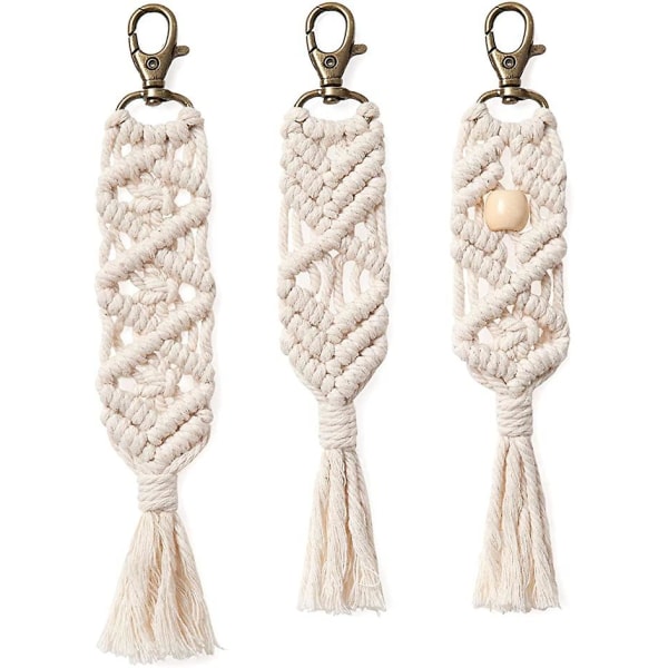 Macrame nyckelringar Boho väska berlocker med tofsar Söta handgjorda accessoarer Naturlig vit, 3-pack