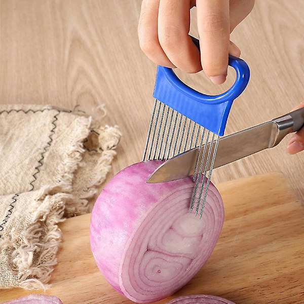 Löknålsgaffel i rostfritt stål, grönsaksskärare för frukt, tomat, skärare, skärhållare, säker gaffel, kökstillbehör (blå)