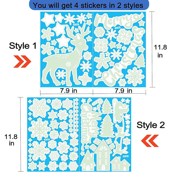Jul Glow in the Dark Vindue Dekoration Stickers, 68Pcs Nat Luminous Stjerner Snefnug Renser Stickers