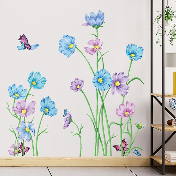 1 stk blå lilla blomst veggklistremerker Hage blomster veggdekor planter blomster sommerfugl vegg kunst klistremerke for soverom stue vegg dekorasjon