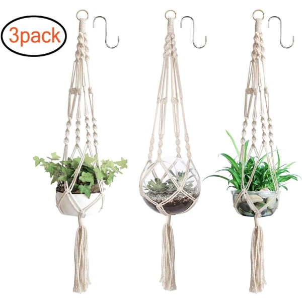 3 x Växt Hängare Makramé Planter Hängande Blomkruka med Bomullsrep Blomkruka Hängare Växthängare för Inomhus Utomhus Tak Balkong Vägg Dekoration