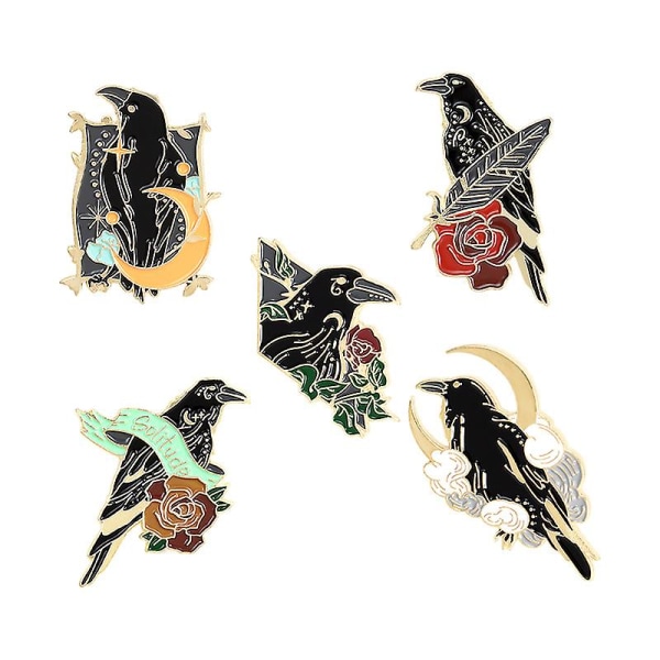 GHYT Black Crow Emalje Pins Set Art Rose Moon Lapel Pin Søde æstetiske badges til børn Kvinder Rygsæk Skjorte Denimtaske