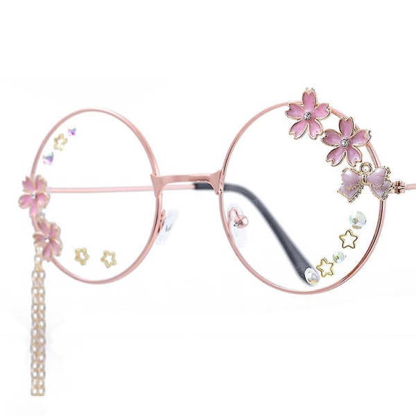 Kawaii Glass With Chain Sakura Flower Star Wing Decoration Lolita Cosplay Rekvisitter Halloween Party Cosplayer Søde runde briller Jk Accessories
