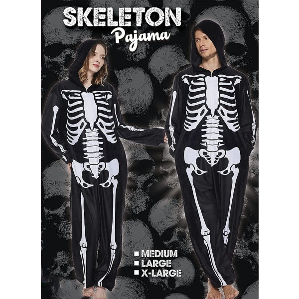 Skeleton Pyjamas Huvtröja Onesie Vuxen Män Kvinnor Halloween Kostym Par  Jumpsuits One Piece Svart a934 | Fyndiq