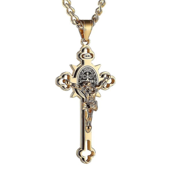 Vintage religiøst rustfritt stål Saint Benedict Jesus Crucifix Cross Pendant Halskjede For Menn Dame Charm smykker（sølv og gull）