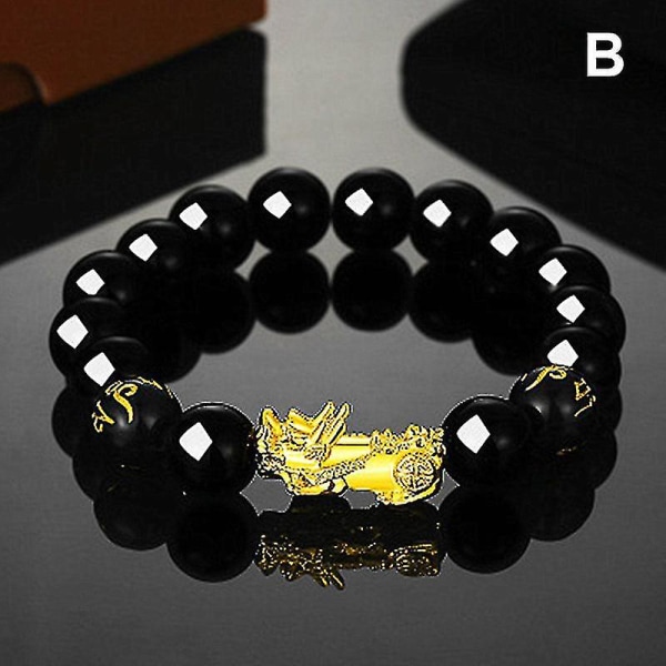 Feng Shui Black Obsidian Jade Beads Armbånd tiltrekker rikdom og lykke til armbånd（F）
