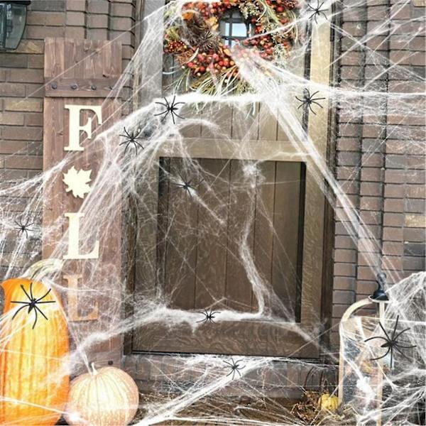 Halloween-webbdekorationer 30 kvm dekorationssträckbar webb med falska plastspindelnät utomhus webb Halloween-dekor