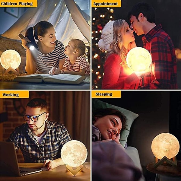 NSL Lighting 3D Moon Lamppu Yövalo Moon Light 3 LED-väriä puisella jalustalla ja kaukosäätimellä/kosketusohjaimella ja USB ladattavalla, syntymäpäivälahjoja naisille