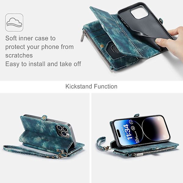 iPhone 14 Pro Max-fodral, iPhone 14 Pro Max-fodralplånbok för kvinnor och män, hållbart PU-läder med magnetiskt spänne, flipp, handledsrem, blixtlås, kortfack, telefonfodral