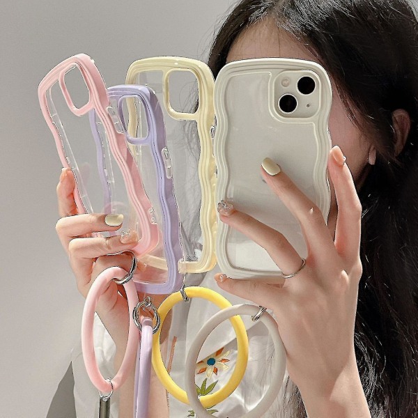 Aaltoileva läpinäkyvä phone case, joka on yhteensopiva iPhone 13:n/ pro/ pro Maxin kanssa uudelleenkäytettävällä pyöreällä rannekorulla (iPhone 13 Pro Max, keltainen)