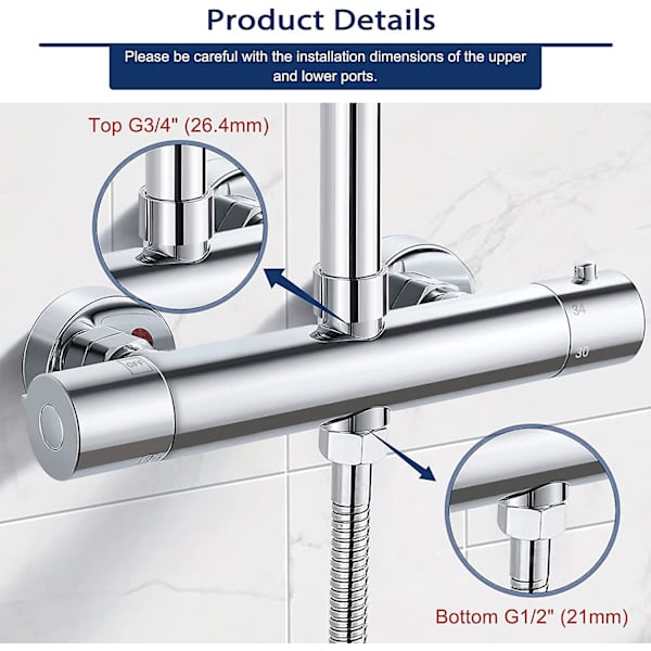 Blandare Termostatisk Dusch 2 Uttag, Mässings Dusch Termostatisk Kran, Dubbel Duschblandare Högt Utlopp G3/4 Bsp (26,4 Mm) + Lågt G1/2 \"bsp (21 Mm)