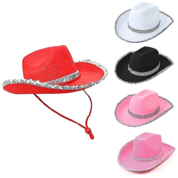 Paljetter Buet Brim Hat Jazz Top Hat Cowgirl Paljetter Brem Cowboy Hat Unisex (Sort)
