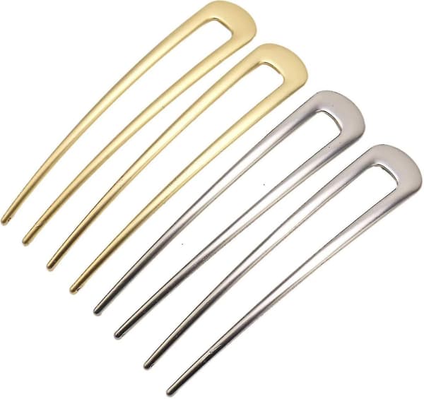 4 stk. Simple Metal U-formede Hårnåle, Sølv og Guld