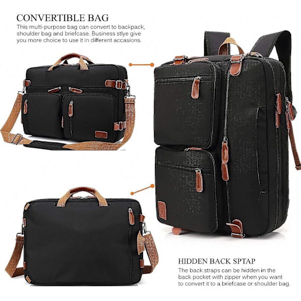 (Nylon Svart, 15,6 tum) Konvertibel Ryggsäck Messenger Väska Axelväska Laptopfodral Handväska Business Portfölj Multifunktionell Reseryggsäck Passar 15,6 tum