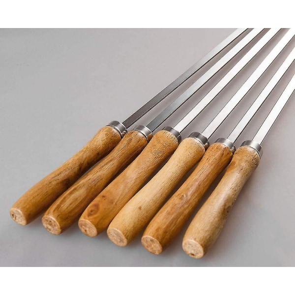 Sæt med 6 flade spyd i rustfrit stål med træhåndtag grill 42 cm