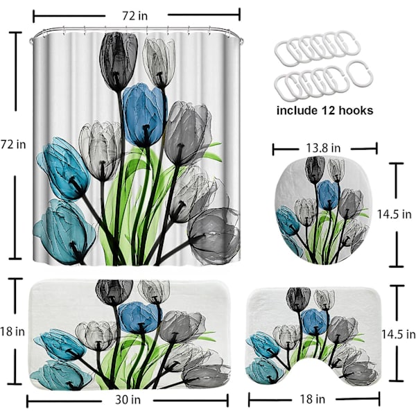 4-delad duschdraperi-set med tulpanblommor, halkfria mattor, toalettlockskydd och badmatta