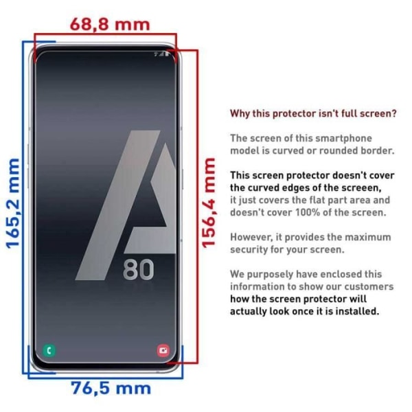 OCIODUAL Skärmskydd för Samsung Galaxy A80 Premium Härdat Glas 9H 2.5D Flat Anti Shock Shock Rept Shockproof Front