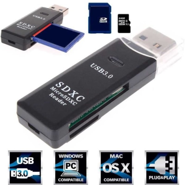 USB 3.0 Typ A höghastighetskortläsaradapter för SDHC SDXC MMC Micro SD SD HC SD XC TF Svart[141]