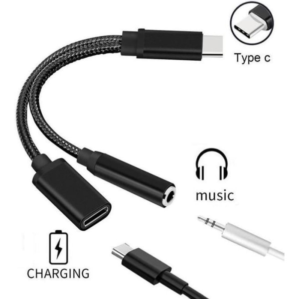 Typ C-jackadapter för Smartphone 2 i 1 Audio USB-C Hörlurar Laddare Headset (SVART)